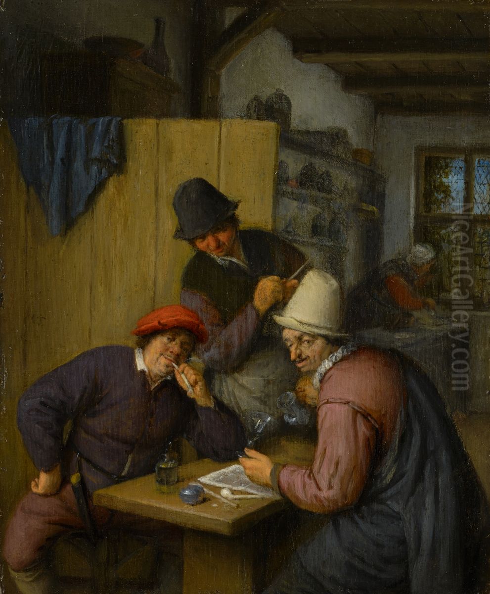 Three Drinking and Smoking Farmers in a Tavern Oil Painting by Adriaen van Ostade