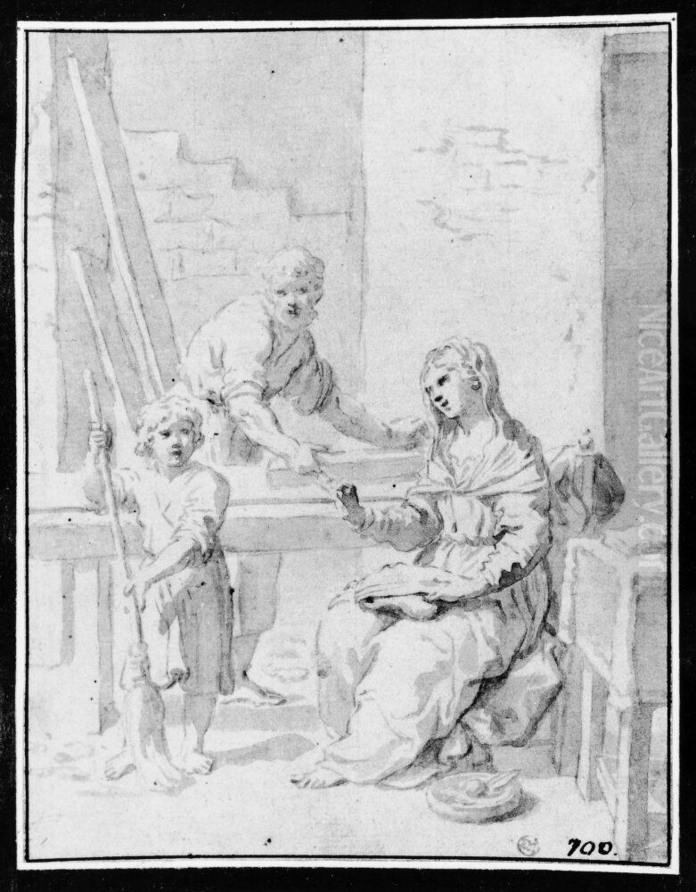 The Holy Family with Mary sewing, Joseph at the carpenter's bench and the Christ Child sweeping shavings Oil Painting by Elisabetta Sirani