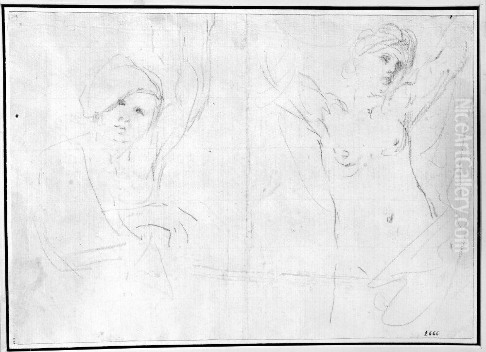 a young man (left) and a woman with her arms raised (right) Oil Painting by Giovanni Francesco Barbieri