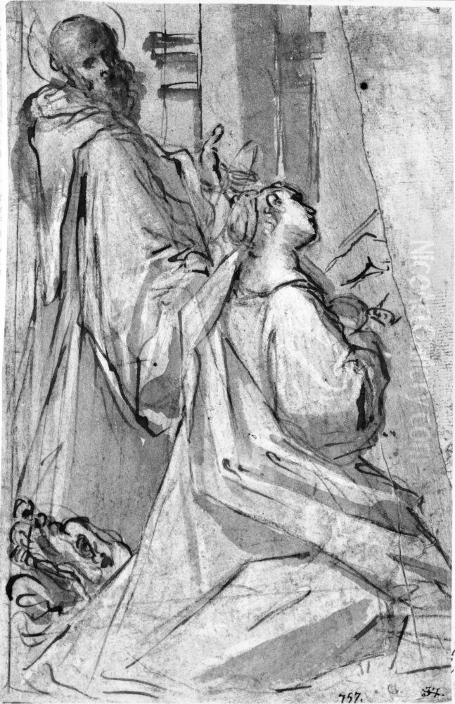 Male and female saints in adoration Oil Painting by Giacomo Cavedone