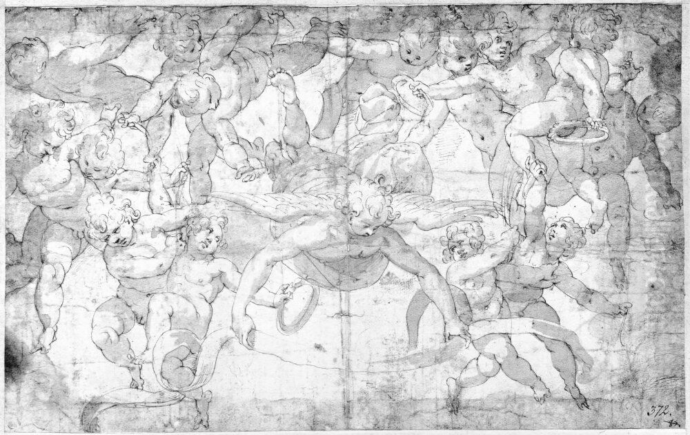 Angel holding a ribbon, surrounded by putti Oil Painting by Orazio Samacchini