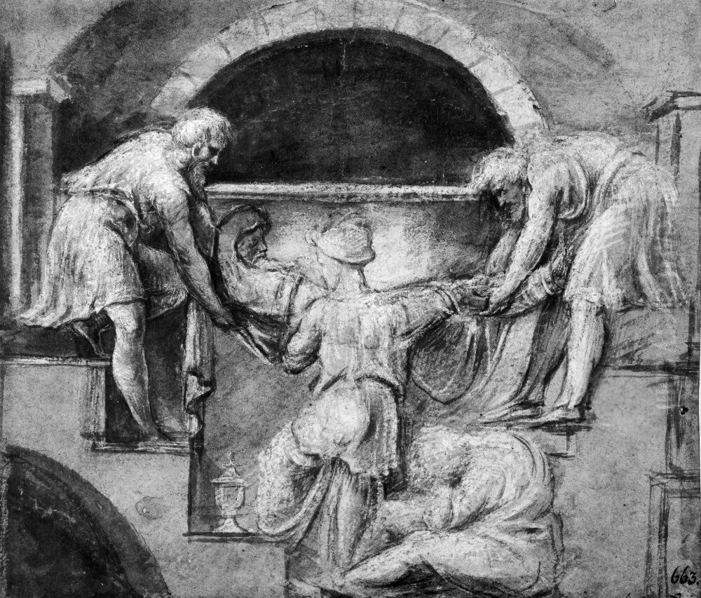 Dead man being placed in crypt by three men Oil Painting by Biagio Pupini