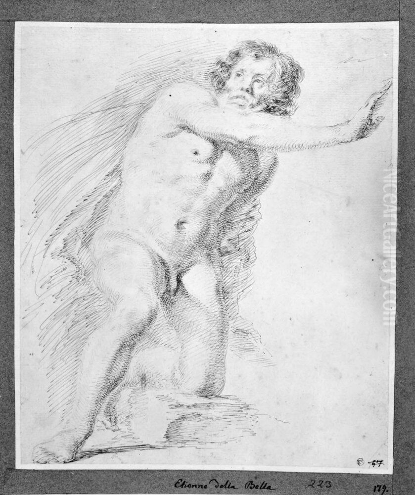 Study of a male nude resting on his knee Oil Painting by Stefano della Bella