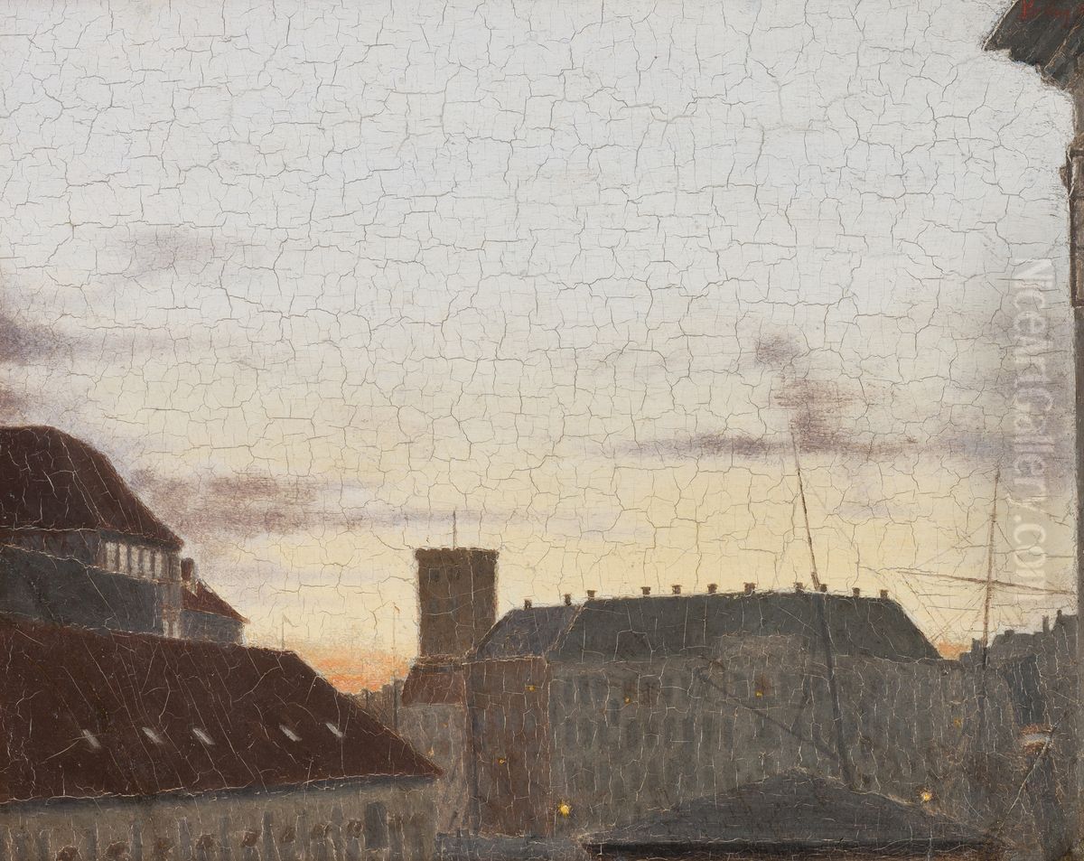 View towards Gammelholm with the tower of the Nikolaj church in the background. Clear summer evening in Copenhagen. Oil Painting by Peder Severin Kroyer