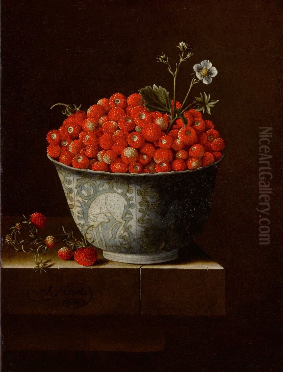 Still life of fraises-de-bois in a Wan-Li bowl upon a stone ledge Oil Painting by Adriaen Coorte