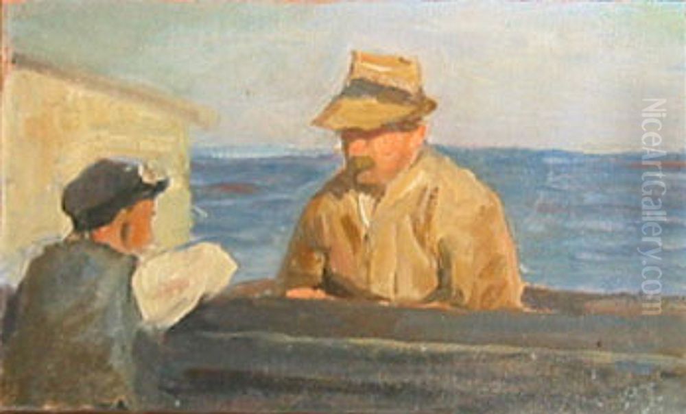 Two men talking. Oil Painting by Axel Johansen
