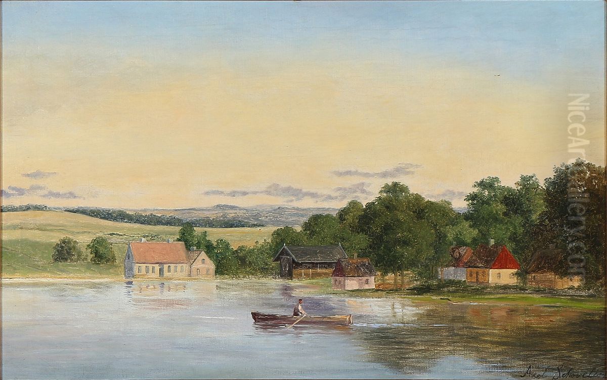 Summer landscape with houses on the lakefront. In the foreground a man rowing a boat Oil Painting by Axel Schovelin