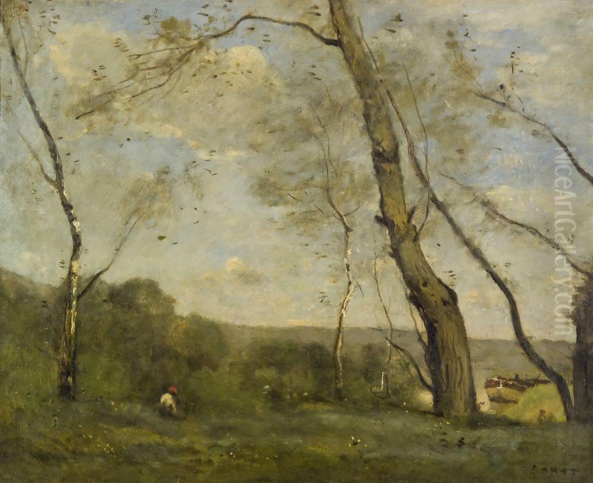 Grands arbres dominant la berge d'une riviere Oil Painting by Jean-Baptiste Camille Corot