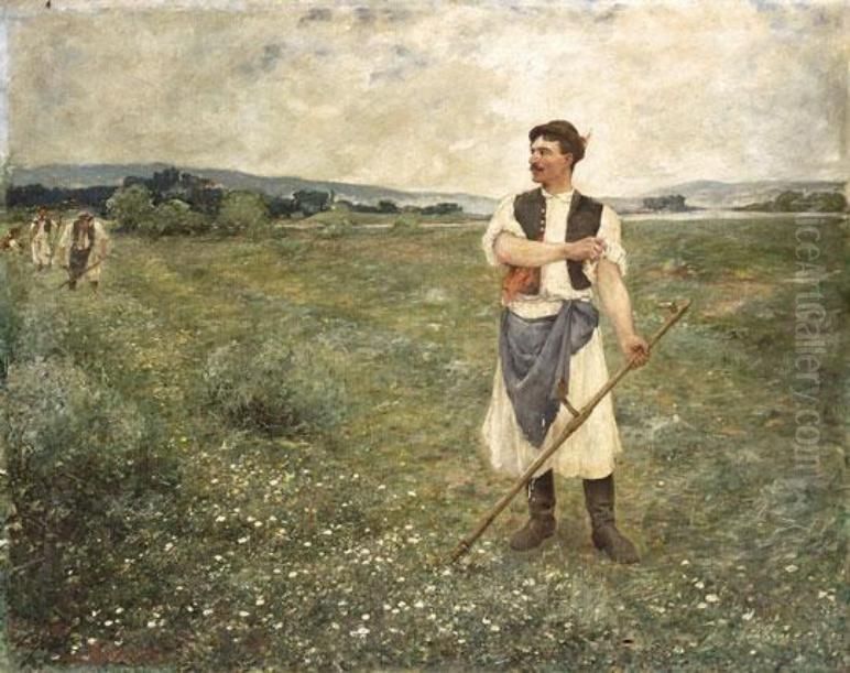 Man with Scythe Oil Painting by Otto Baditz