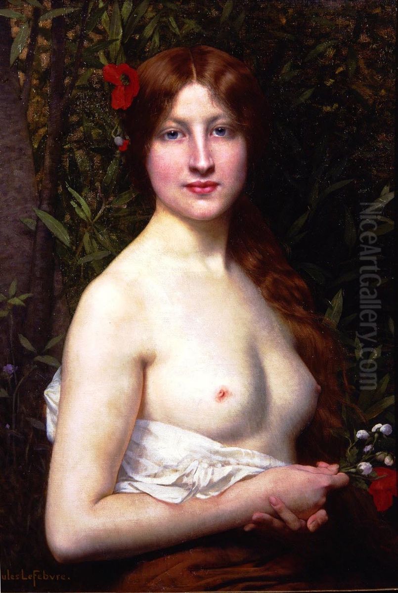 Half-Length Demi-Nude Oil Painting by Jules Lefebvre