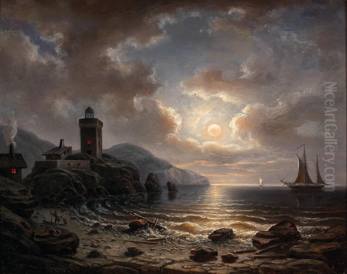Coast at Night with Lighthouses Oil Painting by Albert De Marees