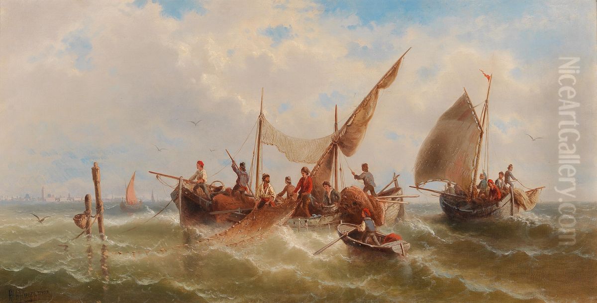 Fishing Boats against a Venetian Silhouette Oil Painting by Albert Rieger