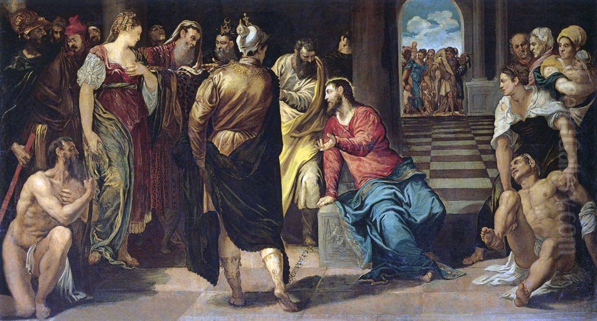 Cristo y la mujer adultera. Oil Painting by Jacopo Tintoretto