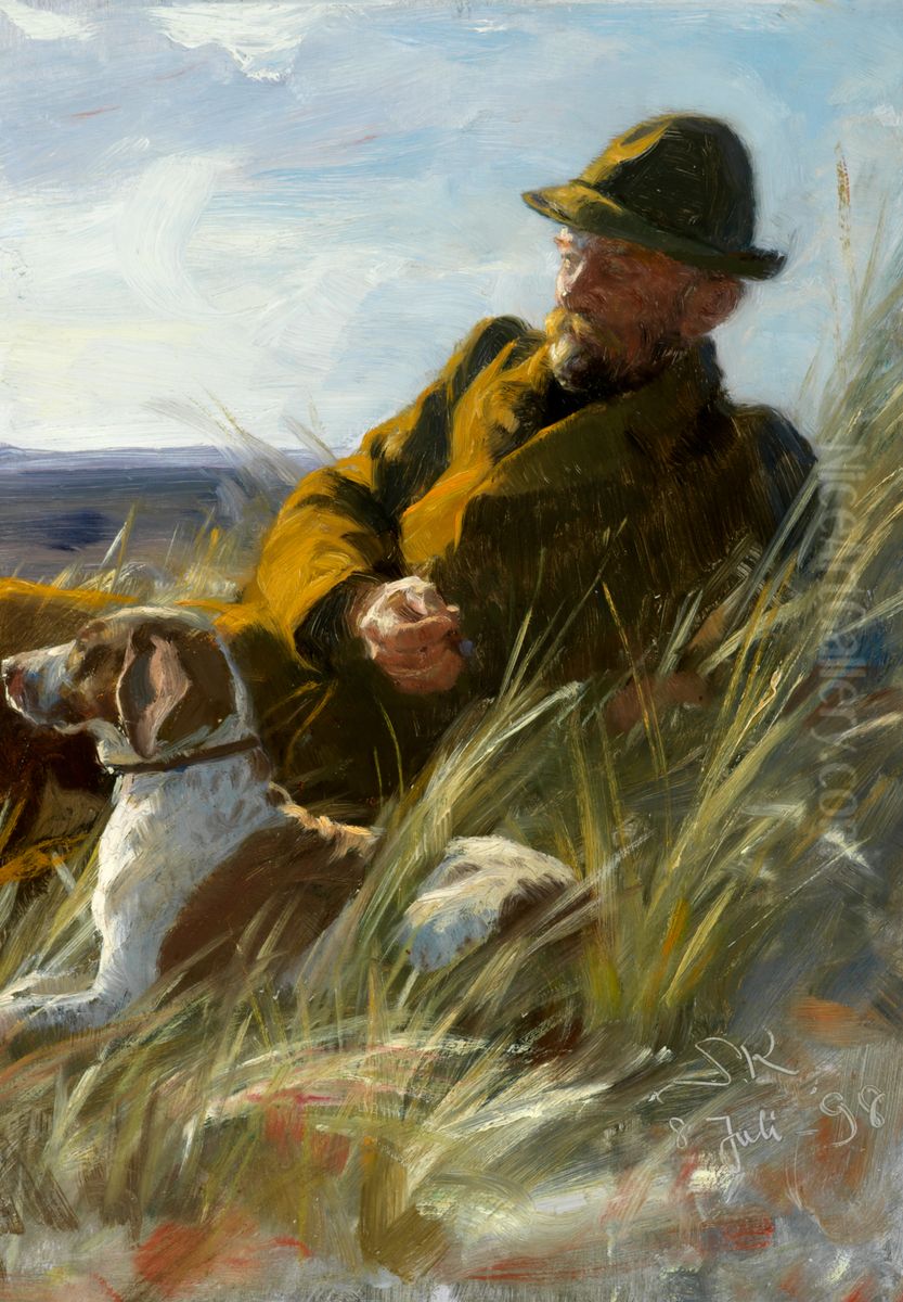Master planter C. F. Dahlerup with his hunting dog. Oil Painting by Peder Severin Kroyer