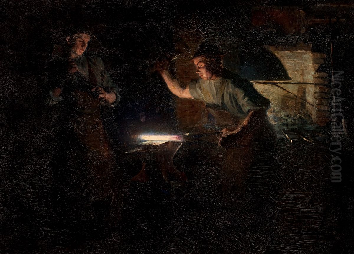 Henning Jensen's smithy in Skagen Osterby. Oil Painting by Peder Severin Kroyer