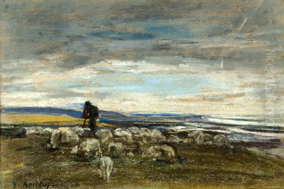 Schafswiese, normandische Kuste Oil Painting by Eugene Louis Boudin