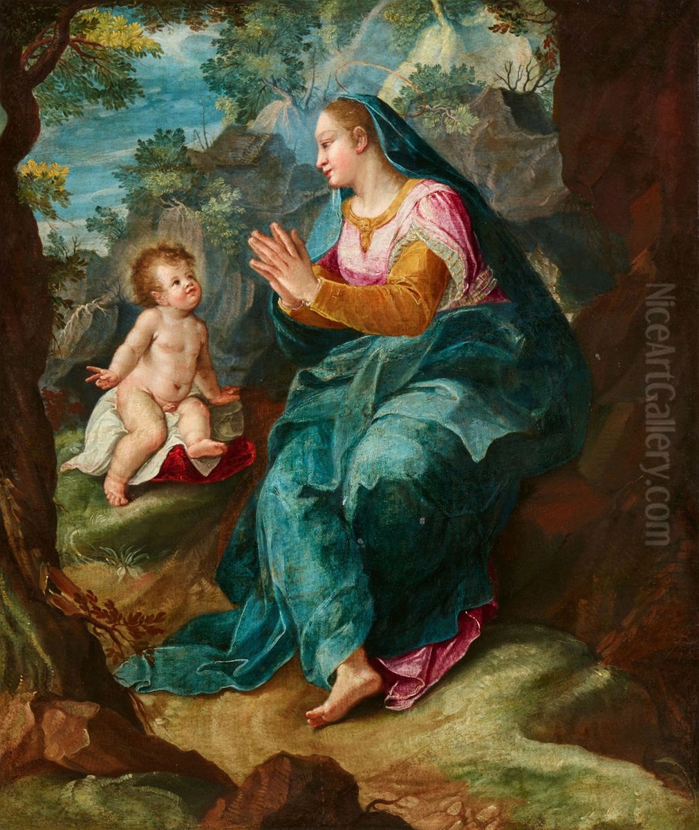 Virgin and Child in a Rocky Landscape Oil Painting by Denys Calvaert