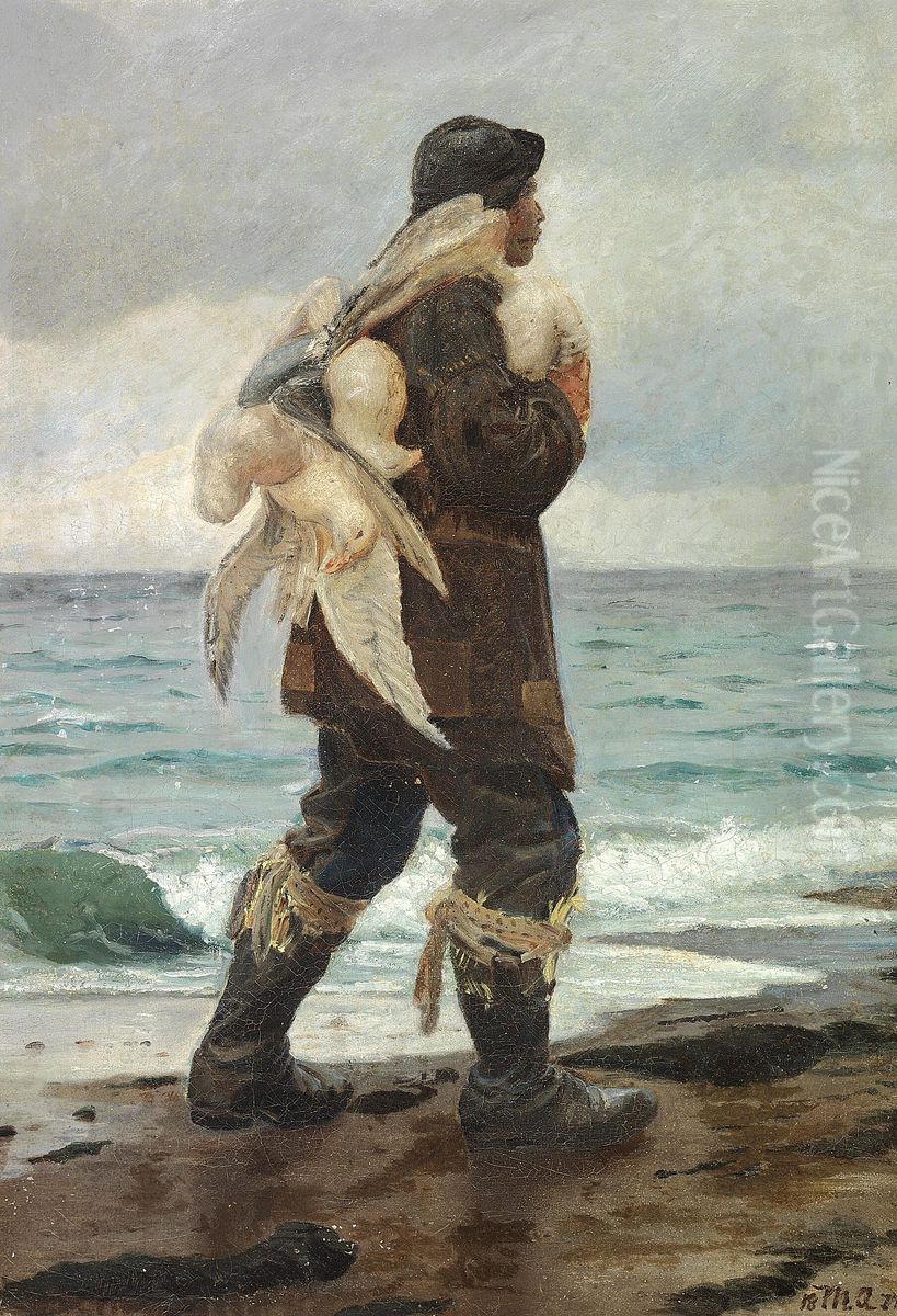 En Fiskerknos, der har vaeret ude at fange Maager, vandrer hjem med sin Fangst. Oil Painting by Michael Peter Ancher
