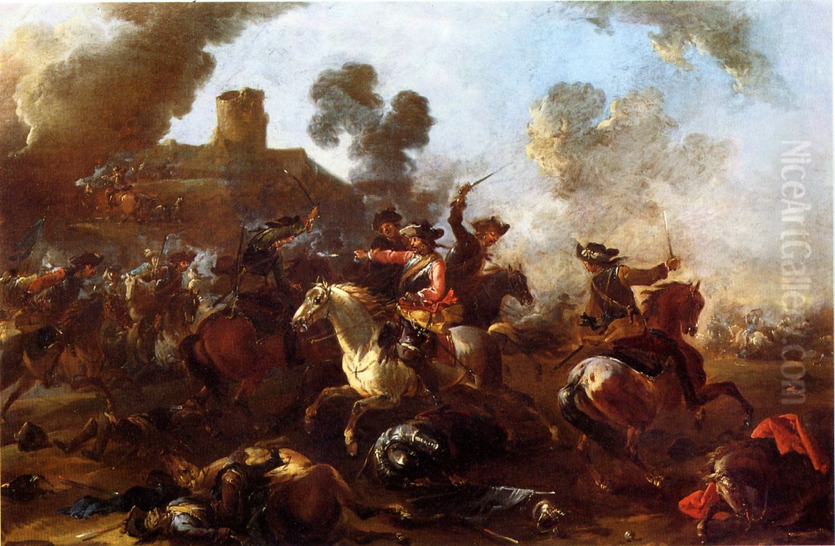 Cavalry battle between Imperial (red rock bandages) and Sweden (blue sashes) Oil Painting by August Querfurt