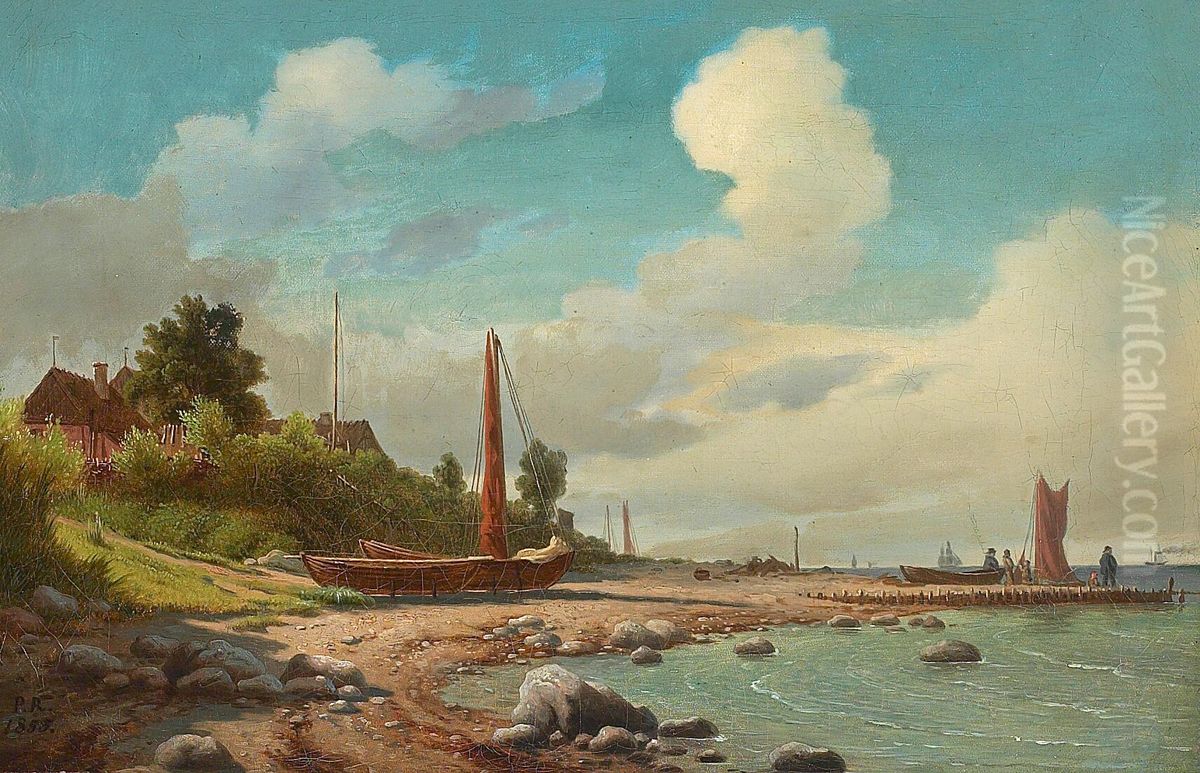 Fishing boats drawn up on the beach at Aalsgaarde. Oil Painting by Johan Peter Raadsig