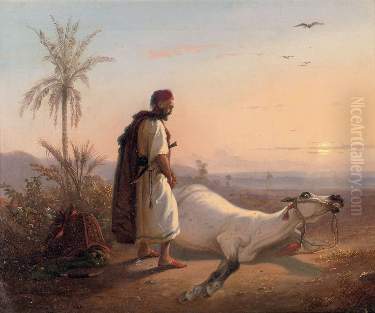 An Arabic horseman and his horse in the desert Oil Painting by Raden Saleh