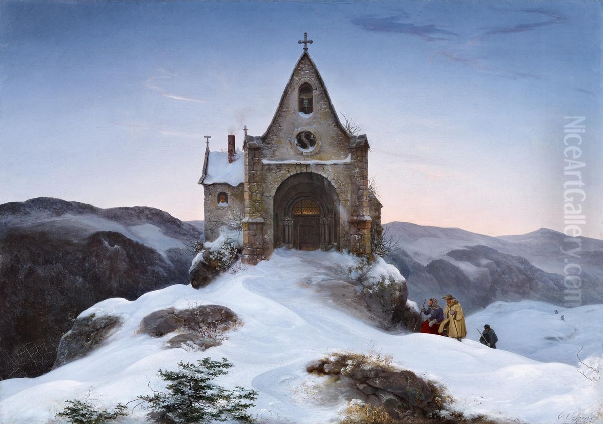 Chapel on a mountain in winter Oil Painting by Ernst Ferdinand Oehme