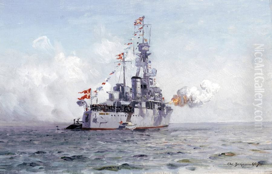 The coastal defence ship Niel Juel gun-saluting at Iceland. Oil Painting by Benjamin Olsen