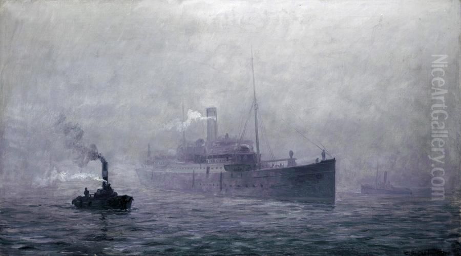 The Copenhagen-Malmo ferry Sverige in Copenhagen. Oil Painting by Benjamin Olsen