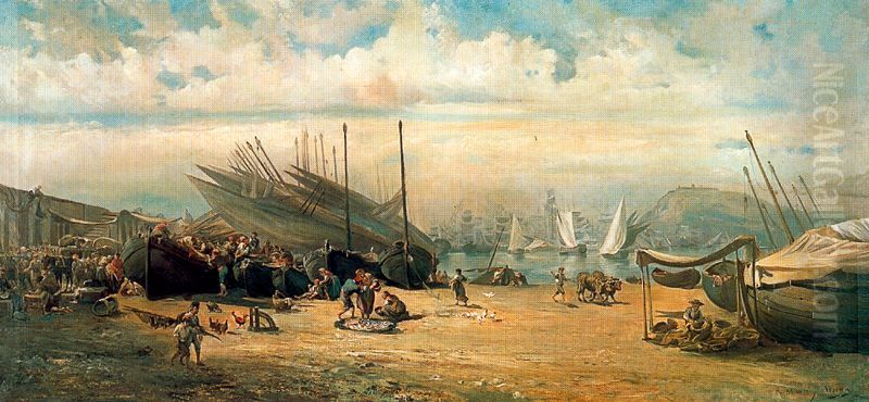 El moll de pescadors de la Barceloneta Oil Painting by Ramon Marti Alsina