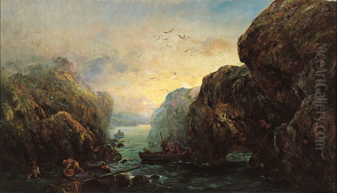 Cliff-lined Coast with Shellfish Gatherers. Oil Painting by Ramon Marti Alsina