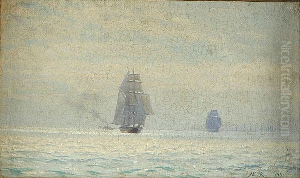 Sailing ships in the morning fog. Oil Painting by Carl Rasmussen