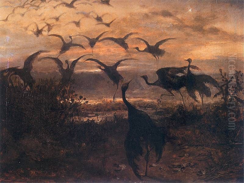 Taking-off Cranes Oil Painting by Jozef Chelmonski