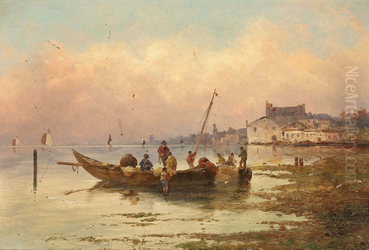 Coastal Landscape with Fishing Boats Oil Painting by Armand Dore