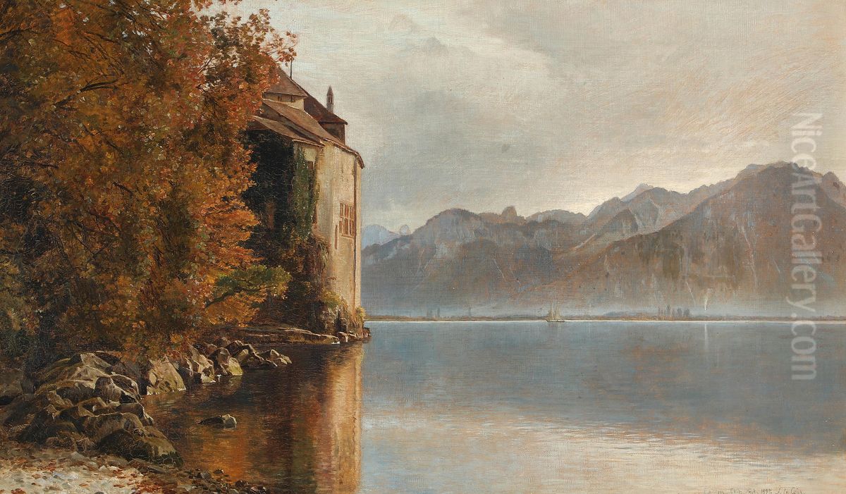 Slottet Chillon ved Genevesoen Oil Painting by Janus Andreas Bartholin La Cour