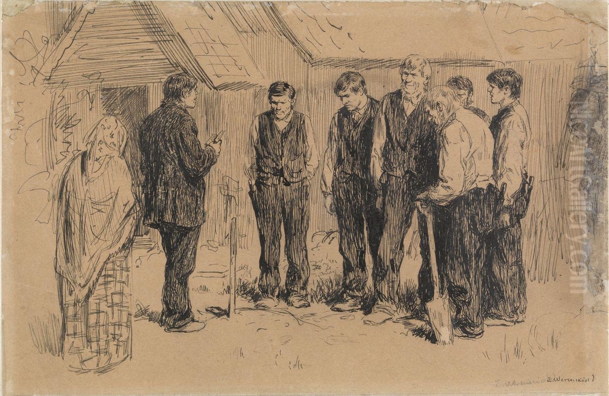 En bondebegravelse Oil Painting by Erik Werenskiold