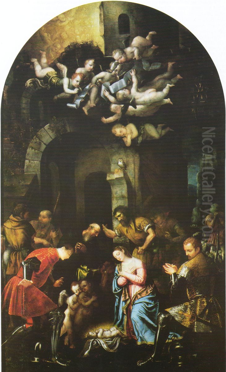 Adoration of the Shepherds with the Saints Nazario and Celso Oil Painting by Alessandro Bonvicino (Moretto da Brescia)