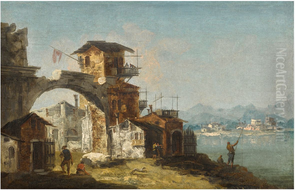 An Architectural Capriccio with Figures beside a River Oil Painting by Michele Marieschi