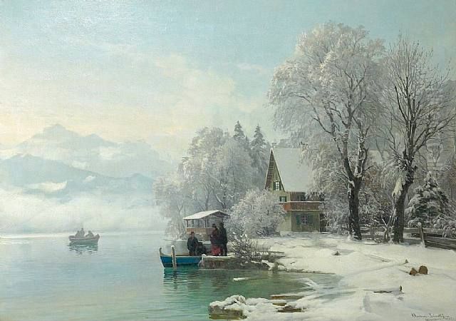 A winter day at a mountain lake. Oil Painting by Anders Andersen-Lundby