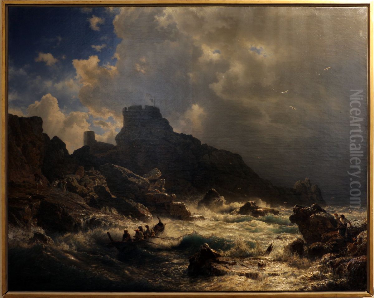 agitated sea under a stormy sky Oil Painting by Andreas Achenbach