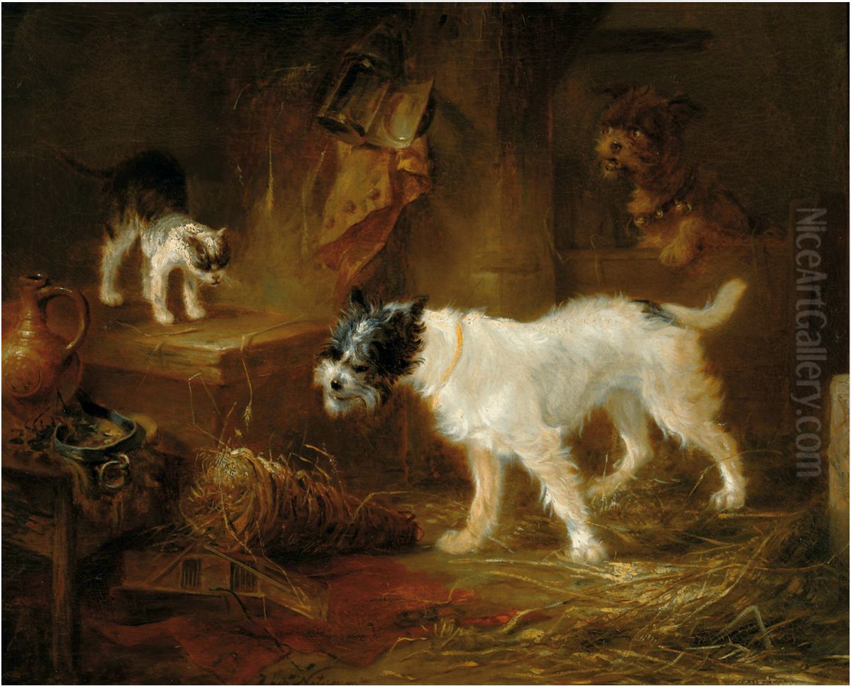 Scene with dogs and a cat Oil Painting by Zacharie Noterman