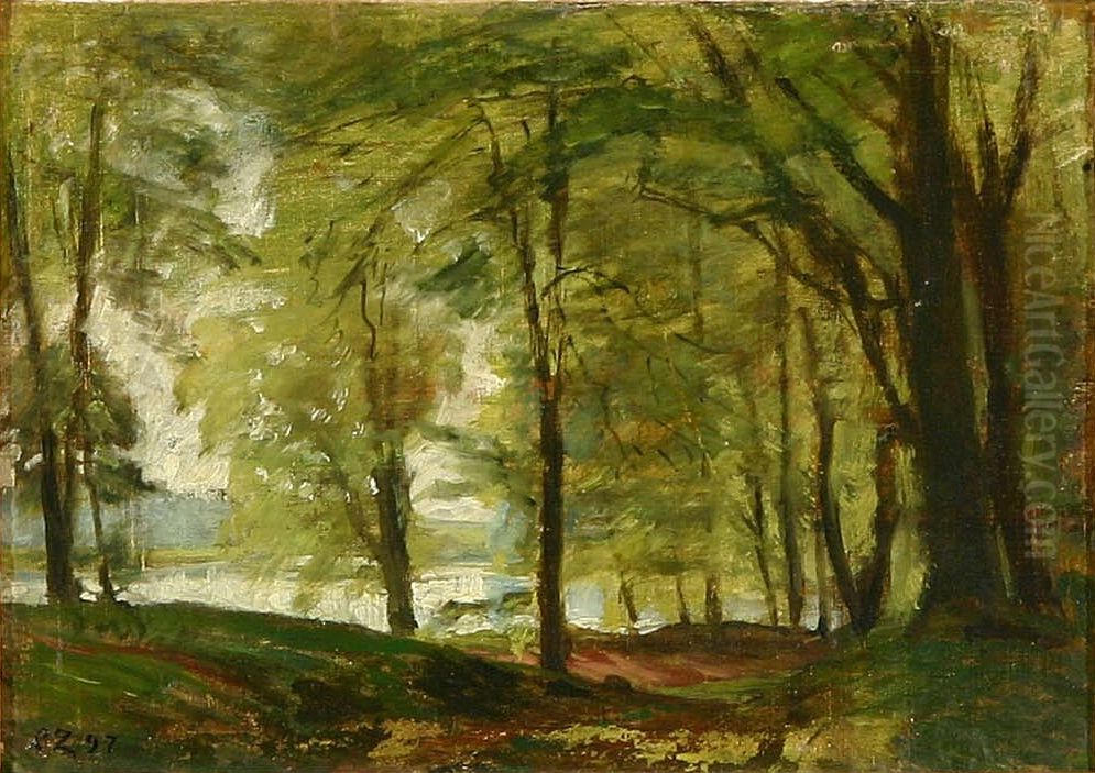 Springtime view of beech trees near a lake. Oil Painting by Christian Zacho