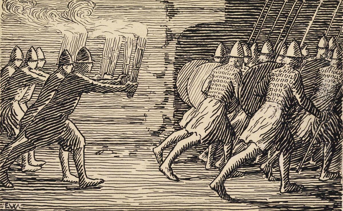 Svipdags sonner og mennene deres gar til Sjukongesalen Oil Painting by Erik Werenskiold