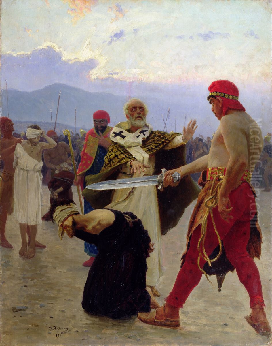Saint Nicholas of Myra saves three innocents from death Oil Painting by Repin Iliya