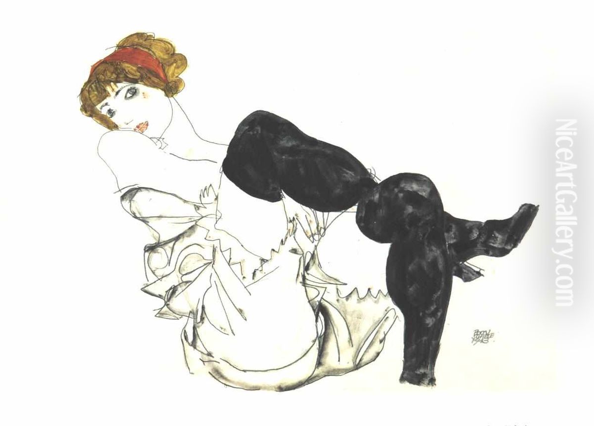 Woman With Black Stockings   (Valerie Neuzil) Oil Painting by Egon Schiele