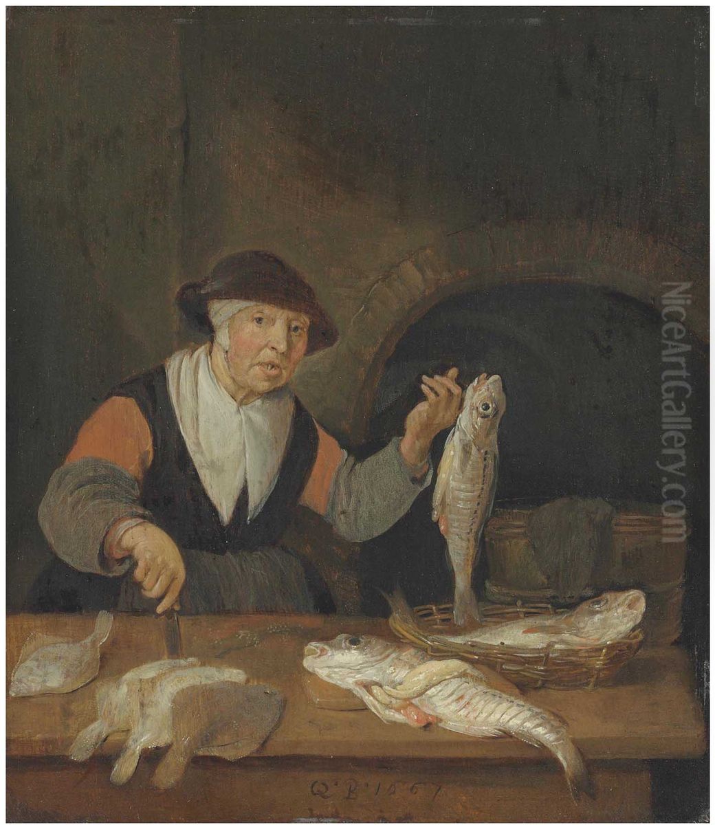 An old woman cleaning a fish at a market stall Oil Painting by Quirijn van Brekelenkam