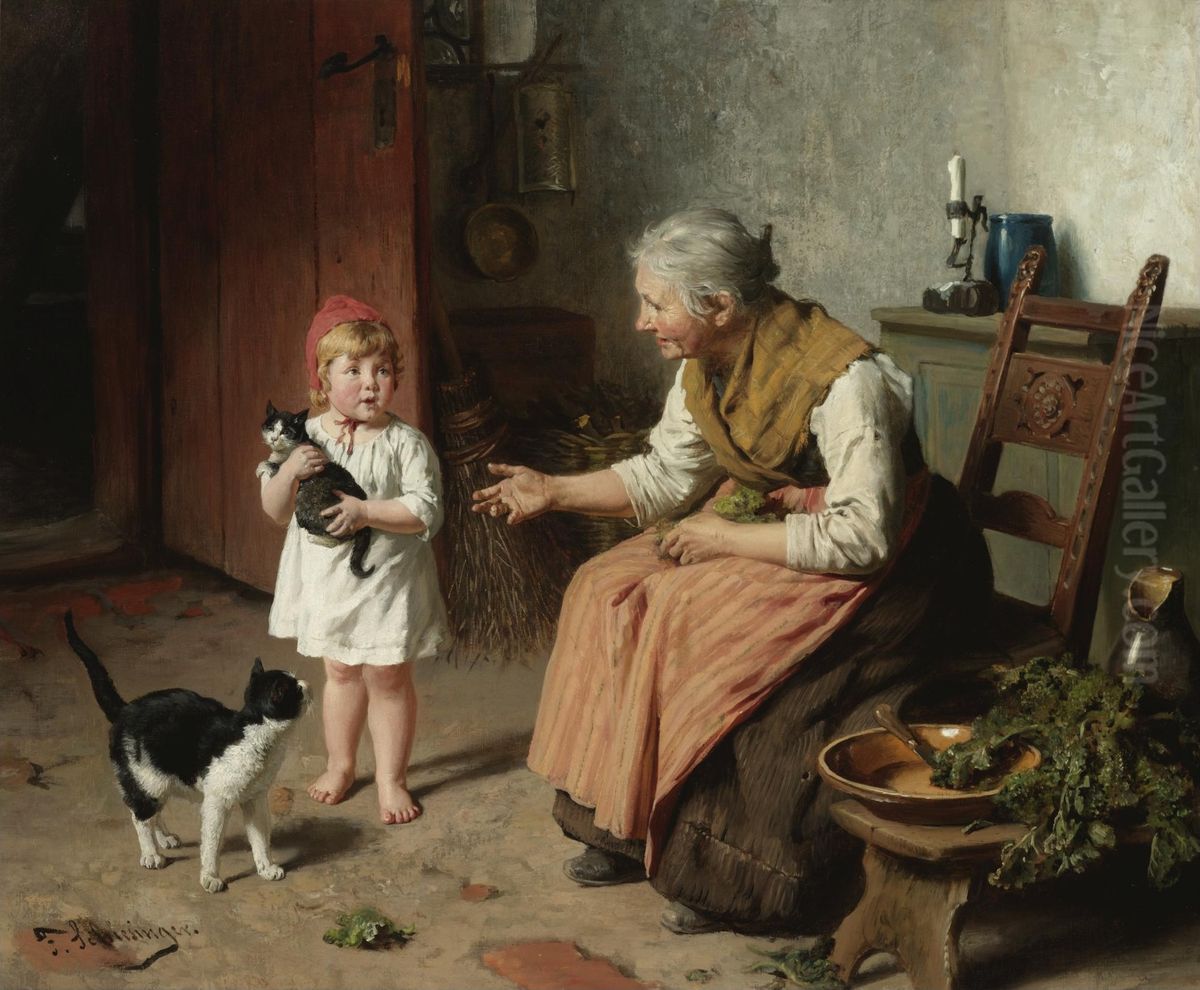 Visiting Grandma / Grandmother playing with her granddaughter Oil Painting by Felix Schlesinger