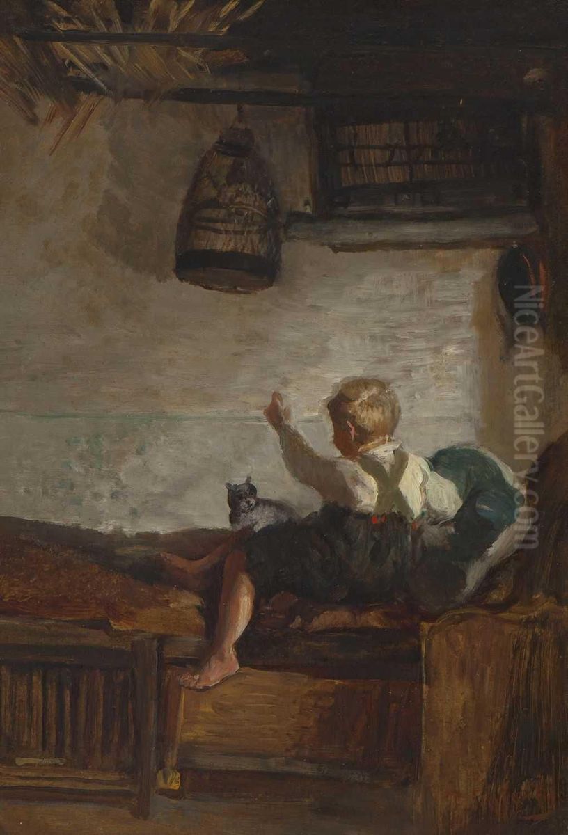 Boy with kitten Oil Painting by Felix Schlesinger