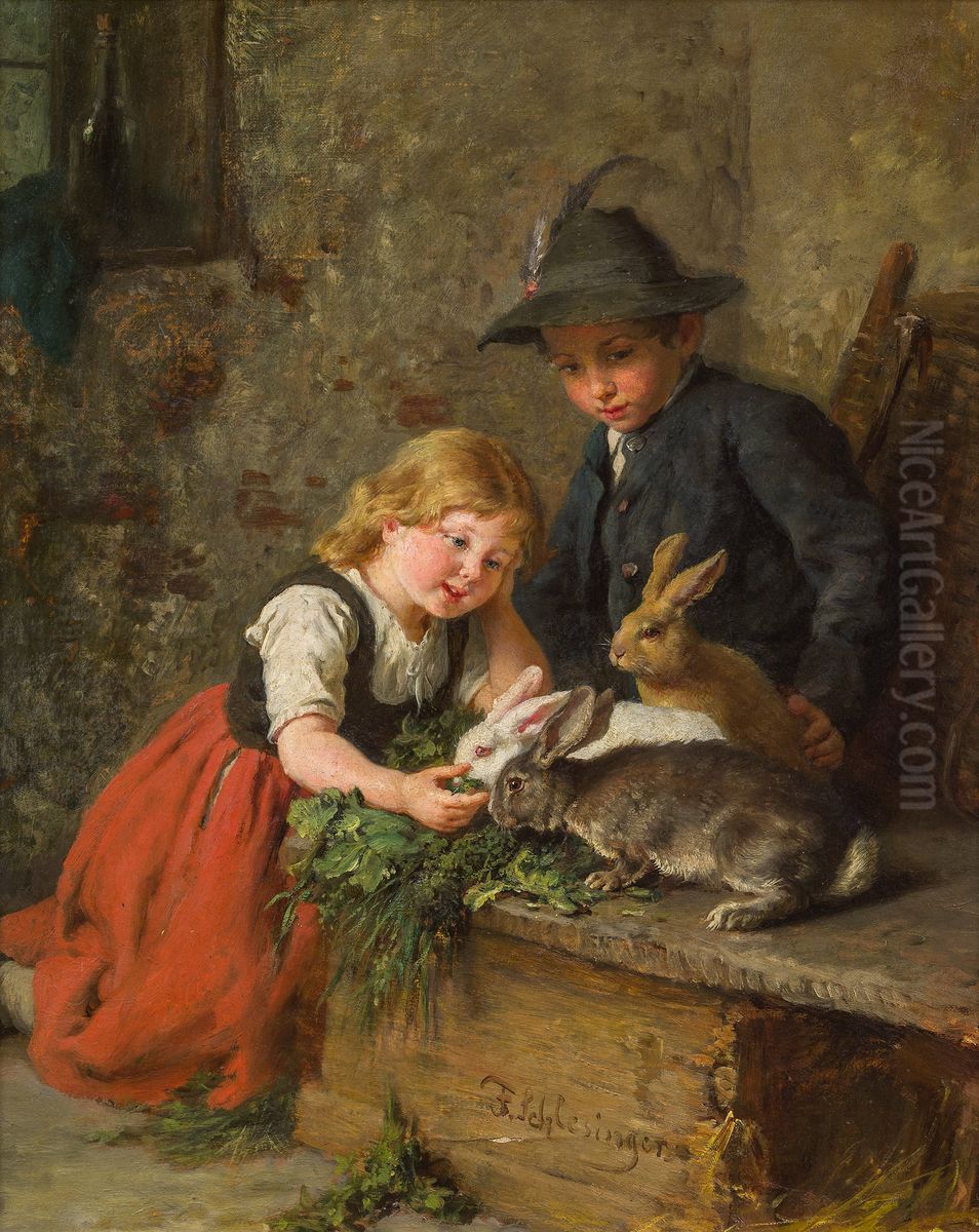Two children feeding rabbits Oil Painting by Felix Schlesinger