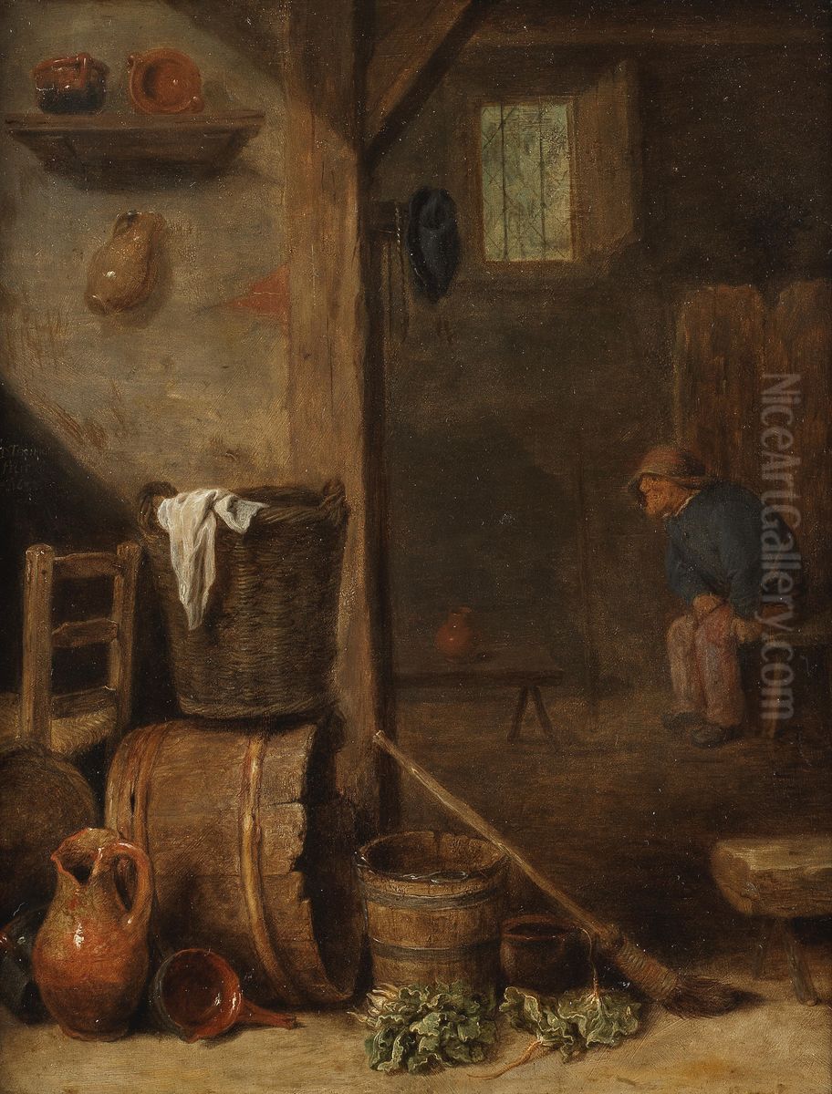 A kitchen interior with a figure seated in the adjoining room Oil Painting by Cornelis Saftleven