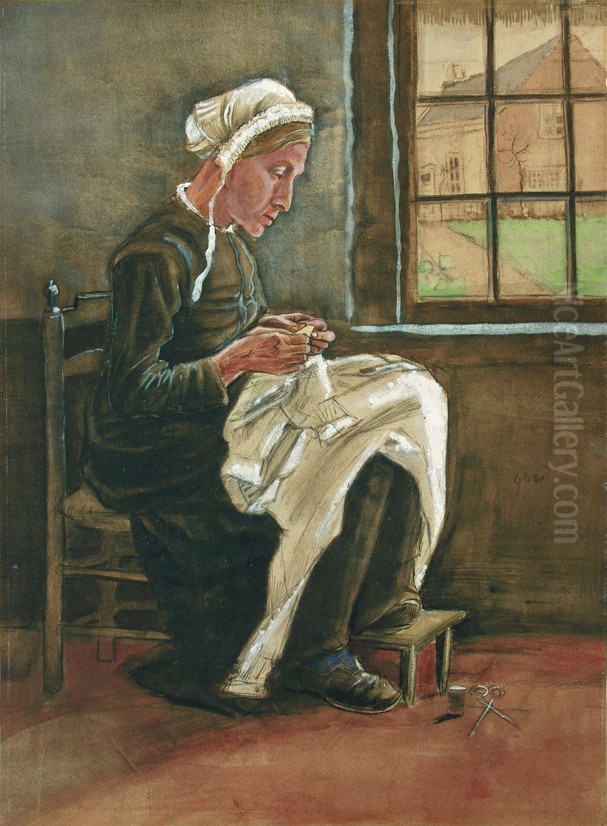 Woman Sewing / Woman sewing by the Window, facing right Oil Painting by Vincent Van Gogh